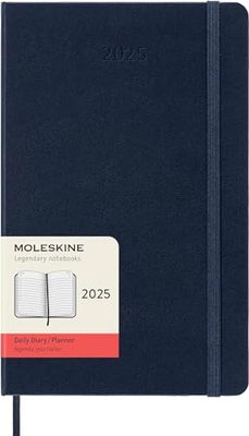 Moleskine Daily Planner, 12-Month Daily Agenda 2025, Hard Cover and Elastic Closure, Sapphire Blue Color, Large Format 13x21 cm