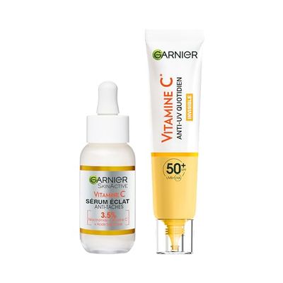 Garnier SkinActive -Coffret Routine Vitamine C-Sérum Anti-Taches Brunes + Fluide Anti-UV Quotidien Invisible-Réduit les Taches Brunes & Protection SPF50+ - Enrichis en Vitamine C-Tous Types de Peau