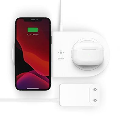 Belkin Cargador Inalámbrico Doble (Base de Carga Inalámbrica Doble de 15 W, Carga Rápida simultánea para 2 Dispositivos, iPhone, AirPods, Galaxy, Pixel y Otros), Blanco