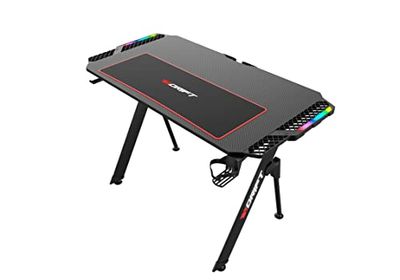 DRIFT GAMING DRDZ150 - Mesa Gaming con Tablero con Acabado en Fibra de Carbono, Alfombrilla Full Size, Soporte Tazas y Auriculares, Extensiones Laterales RGB, Organizador de Cables, Color Negro
