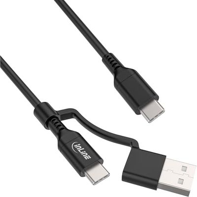 InLine® Câble USB-C 2 en 1 avec Adaptateur USB-A, câble de Charge Rapide jusqu'à 100 W, câble de données USB 2.0, matériau TPE Flexible, Noir, 1 m, 31412A