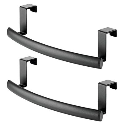 mDesign Modern Metal Kitchen Storage Over Cabinet Curved Towel Bar Rack - Hang on Inside or Outside of Doors, Organize and Hang Hand, Dish, and Tea Towels - Also for Bars - 9.7" Wide, 2 Pack - Black