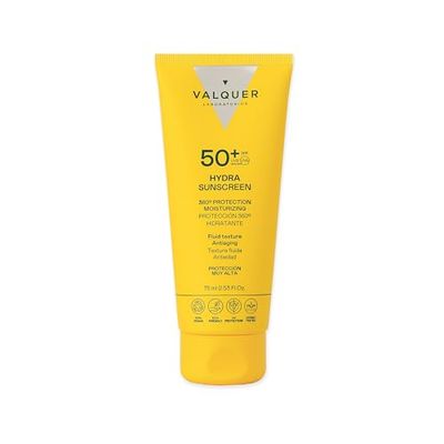 Valquer Protector Solar Crema Facial SPF 50 Hydra Sunscreen, Hidratante y Antiedad. Protección 360 Contra Rayos UVA y UVB Para Todo Tipo de Piel. Con Ácido Hialurónico y Textura Sedosa. Vegano. 75 ml.