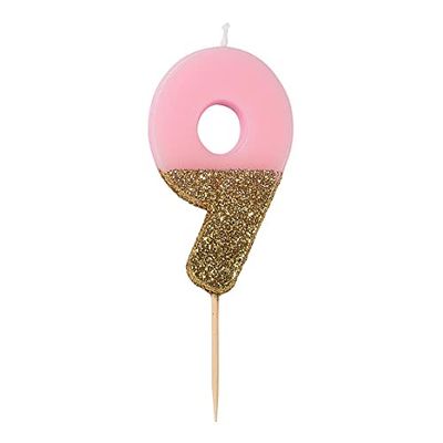 Bougie d'anniversaire numéro 9 rose avec paillettes dorées | Décoration de gâteau de qualité supérieure | Jolie, scintillante pour enfants, adultes, 9e, 90e fête, anniversaire, âge jalon