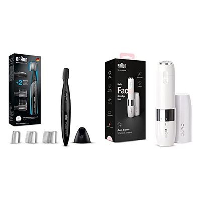 Braun Precision Beard Trimmer PT5010 & Face Mini Hair Remover for Women, Facial Hair Grooming Kit, White, Battery Powered, Easy to Clean, Gentle Facial Hair Removal