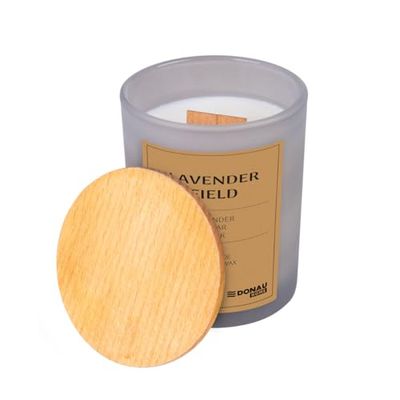DONAU HOME Luxe 100% Sojakerze Geurkaars Lavendelveld / 200g Grijs Glas Met Houten Deksel Houten Lont Lavendel Citrusvruchten Eucalyptus Cederhout Muskus Handgemaakt EU