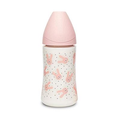 Suavinex Butelka Premium Silikonowy okrągły smoczek 3 pozycje 0% BPA, 270ml, Rabbit Różowy