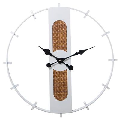 DRW Horloge Murale en métal avec Base en Osier et Bois Blanc et Naturel 64 x 64 x 4,5 cm
