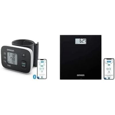 OMRON RS3 Intelli IT tensiomètre au poignet, validè cliniquement + OMRON HN300T2 Intelli IT balance numérique compatible Bluetooth avec appli OMRON connect