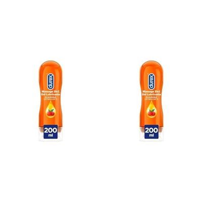 Durex Gel Lubricante Massage 2 en 1 Estimulante Gel de Masaje Erótico y Lubricante Íntimo con Guaraná - 200 ml (Paquete de 2)