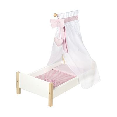 roba Lit de Poupée en Bois Scarlett - Inclus Textile Rose - Couverture + Oreiller + Ciel de Lit - Blanc / Naturel