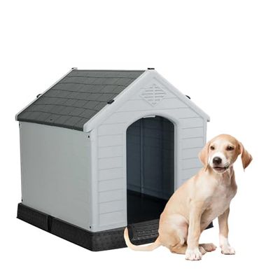 Aqpet Caseta para Perros de plástico para Exterior Interior casa jardín Impermeable con Suelo Elevado, para Perros Talla Mediana 87 x 78 x 81 (al.) cm, Gris