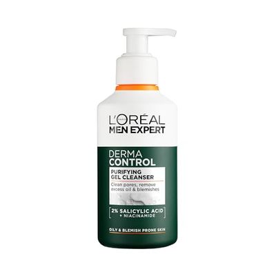L'Oréal Men Expert Derma Control Purifying Cleansing Gel for Oily & Blemish-Prone Skin, Salicylic Acid & Niacinamide Deep Cleanser, Removes Dead Skin Cells, Unclogs Pores, 260ml