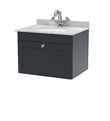 nuie CLC1494GR1 Classique Wall Hung 1 Drawer Unit & 1 Tap Hole Marble Worktop with Round Basin, 600mm, Satin Anthracite/Grey, Soft Black