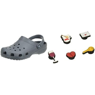 Crocs Classic, Zoccoli Unisex - Adulto, Grigio (Slate Grey), 37/38 EU + Shoe Charm 5-Pack, Decorazione di Scarpe, Night in