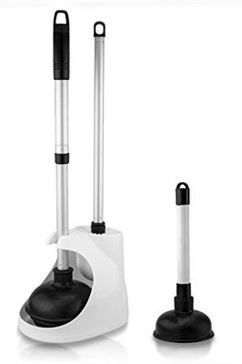Neiko 60168A - Juego de desatascador de Inodoro de 4 Piezas, Mini Fregadero y émbolo de Drenaje, Cepillo y Organizador de Inodoro, diseño en Todos los ángulos, Mango de Aluminio, Color Negro