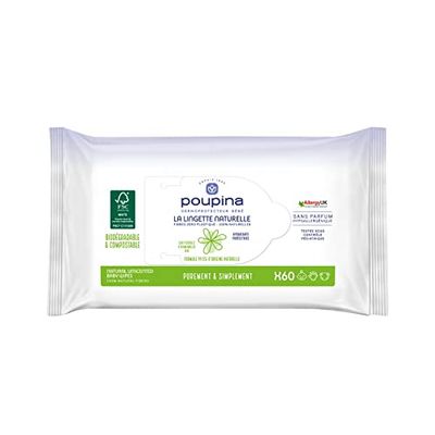 POUPINA - Les Lingettes bébé Naturelles x60 - Sans Parfum, Hypoallergéniques - Hydratantes et Protectrices - Fibre 0 plastique et 100% Naturelle - Vegan - 99,6% d'ingrédients d'Origine Naturelle