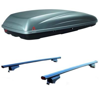 Set BOX + Barre Portatutto realizzato per VOLKSWAGEN POLO/CROSS 1981-2015 capiente 390 Litri Grigio con Serratura Barre 110 CM + Kit Attacchi