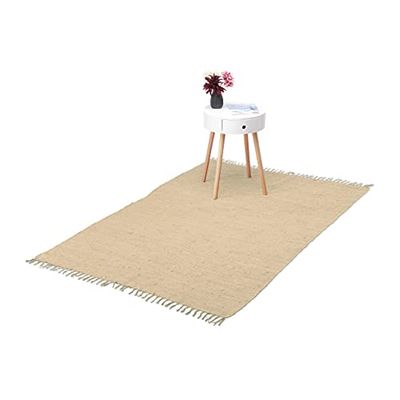 Relaxdays Tappeto Etnico, Cotone Intrecciato, Misure 120x180 cm, Passatoia Antiscivolo, con Frange, Fatto a Mano, Beige