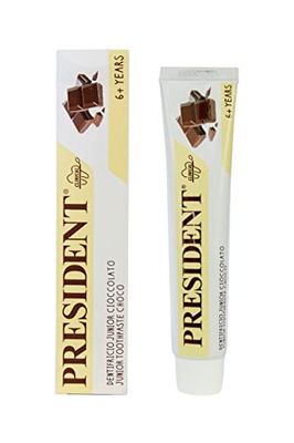 President Tandkräm JUNIOR 6+ för barn från 6 år. Smakchoklad, antikaria, skyddar tandkött och emalj, utan parabener, SLS, allergener och PEG – RDA 30–50 ml