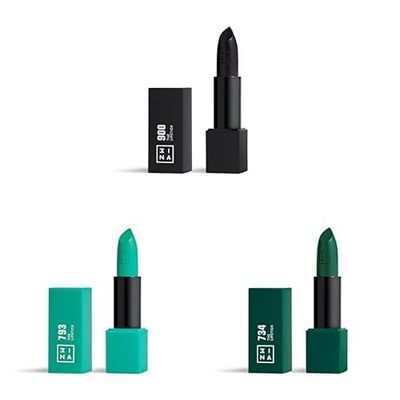 3INA MAKEUP - The Lipstick 900 + The Lipstick 793 + The Lipstick 734 - Negro - Verde Turquesa - Verde - Labial Cremoso - Barra de Labios Mate con Vitamina E y Manteca de Karité - Vegan - Cruelty Free