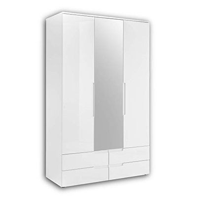 Stella Trading Spice élégante avec Beaucoup d'espace de Rangement Miroir – Armoire Polyvalente à Portes battantes, Bois d'ingénierie, Blanc/Blanc Brillant, 3-türig mit Spiegel