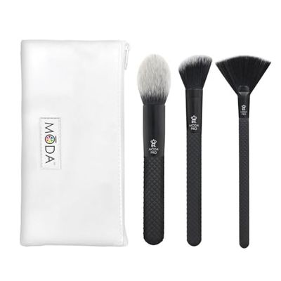 MODA Royal & Langnickel Pro Full Size Finishing 4pc Makeup Brush Set with Pouch, Includes - Pointed Blush, Angle Blush, and Highlight Brushes, Black