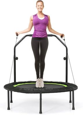 FANTASK Trampolín de fitness con mango de altura ajustable y 2 bandas de resistencia, cama elástica para niños plegable, mini trampolín φ101 cm, cama elástica de jardín hasta 150 kg, soporta adultos y