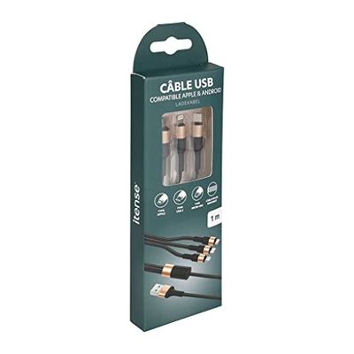 itense - Câble de charge rapide 3 en 1 en nylon - Longueur câble:1m - Compatible Apple & Android - Puissance: 10W - Embouts renforcés pour une meilleure durabilité - Courant sortie: DC 5V / 2000 mAh