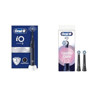 Oral-B Pack Brosse A Dents Electrique iO2 et Brossettes Gentle Care, ORIGINALES, Manche Oral B Noir avec Embout Rond Et 3 Modes De Nettoyage, 2 Têtes Noires, Brossage Plus Doux Et Soin Des Gencives