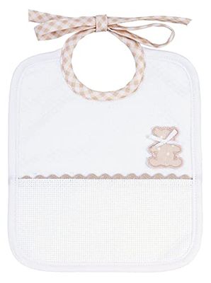 Filet Rectangular Soft Fabric Bib with White Lozenges Motif with Bear Embroidery and Aida Bag - Grey Beige Colour, One Size 29g