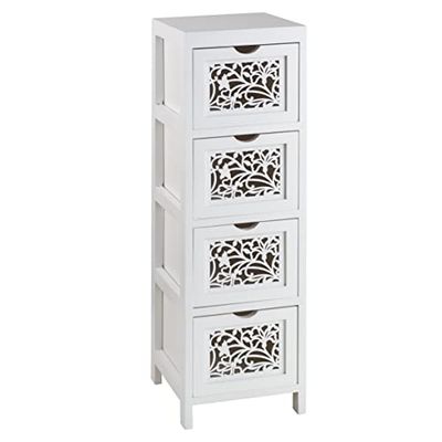 Baroni Home Comodino in legno, Mobilino da Soggiorno o Bagno, Mobiletto Multiuso con 4 Cassetti Intagliati, 23x23x77 cm