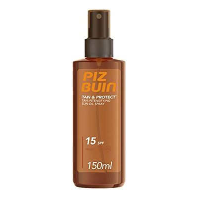 PIZ BUIN Tan & Protect Olio Spray Solare Intensificatore dell'Abbronzatura SPF 15, Olio abbronzante corpo spray con Illumitone, Protezione solare 15 con filtro solare UVA/UVB, 150 ml