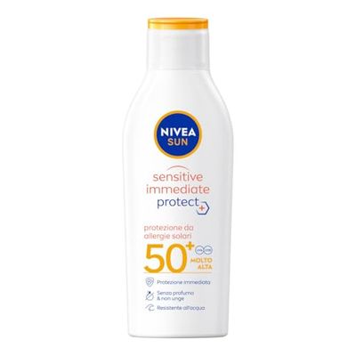 NIVEA SUN Crema Solare Sensitive Immediate Protect FP50+ in flacone da 200 ml, Latte solare con Aloe Vera e Antiossidanti, Protezione solare contro le allergie solari
