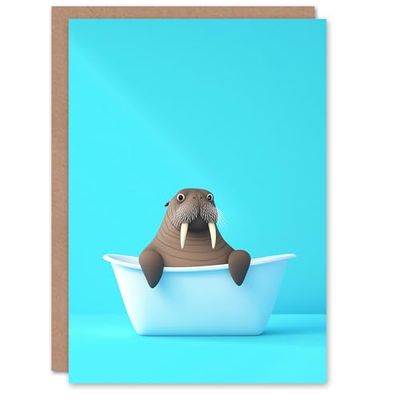 Artery8 Greeting Card Cute Cartoon Walrus in Bathtub Bath Time Vibrant Blank For Him Or Her Art Birthday Card