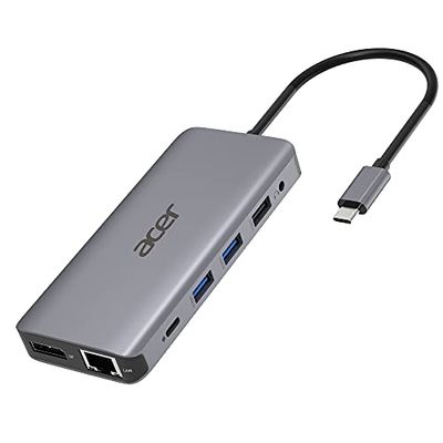 Acer 12-in-1 mini-dock (USB Type-C naar 1x USB Type-C (w PD), 2x USB 3.2, 2x USB 2.0, 2x HDMI, 1x DisplayPort 1x RJ-45, 1x SD-kaartlezer, 1x Micro SD-kaartlezer, 1x 3.5 audio-poort 3.5) zilver