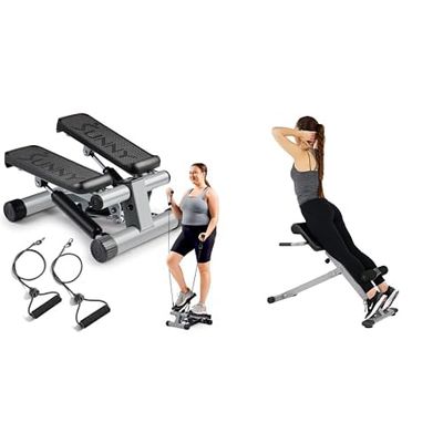 Sunny Health & Fitness Mini Stepper Machine, with Resistance Bands and LCD Monitor + 45 Degree Hyperextension Roman Chair, Steel, Grey, One Size SF-BH6629