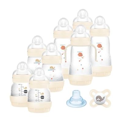 MAM Set van 8 babyflesjes Easy Start Anti-Colic met zuignap van Skinsoft siliconen, 1 Start nano-zuiger, 1 extra zachte snavel en handgrepen, neutraal