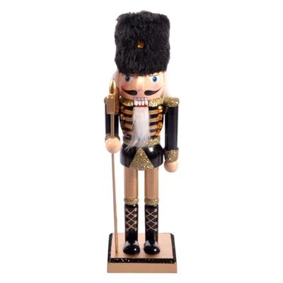 Ciao Christmas Nutcracker Toy Soldier Halberdier (24cm) Wooden Glittery Decoration with Fabric, Black/Gold, Wood, 24 cm