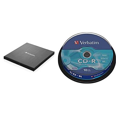 Verbatim Lettore CD/Dvd Esterno Slimline - USB 3.2 Gen1 con Porta USB-C con Cavo USB-C a USB-A & CD-R 80MIN Datalife Protection, Confezione da 10