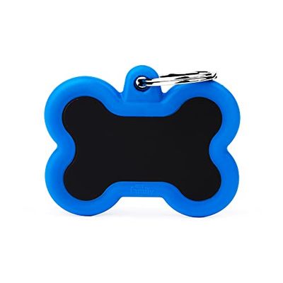 My Family Anpassad ID-skylt för hund Made in Italien, svart och blått ben, Gratis graverad hund namnskylt, i aluminium och gummi, Hushtag samling