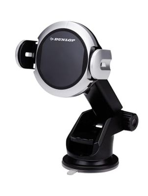 Dunlop Telefoonhouder en inductielader – draadloze oplader met Qi – met zuignap voor bevestiging aan dashboard en voorruit – telefoons van 65 mm tot 92 mm breed – kunststof – zwart
