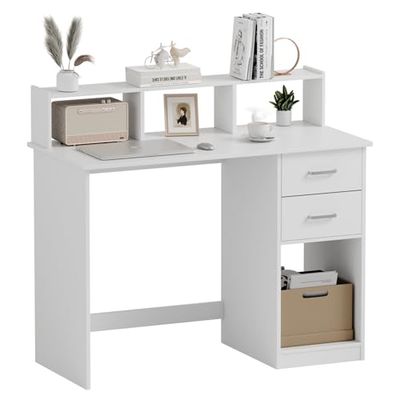 Mondeer Escritorio Blanco para computadora con 2 cajones y estantes de Almacenamiento, 105 x 48 x 94 cm, Mesa de Estudio para portátil para Espacio pequeño, Oficina en casa, estación de Trabajo