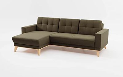 CAVADORE Canapé d'angle Lima avec Chaise Longue en Forme de L avec Coffre de lit/Cadre en Bois + surpiqûre dans Le Dos/Tissu structuré Vert