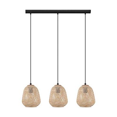 Eglo Suspension luminaire Dembleby à 3 lampes, lustre suspendu vintage, nature et bohème, lampe osier en bois tressé pour salon et salle à manger, brun clair, douille E27