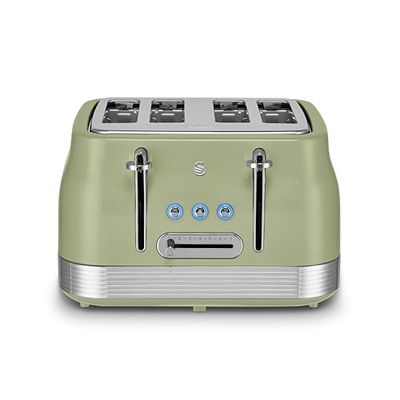 Swan ST19029GRN Retro 4 Slice Toaster with 7 Browning Levels, Removable Crumb Trays, Defrost, Reheat and Cancel Functions, Hidden Cord Storage, Non-Slip Feet, 1860W, Green