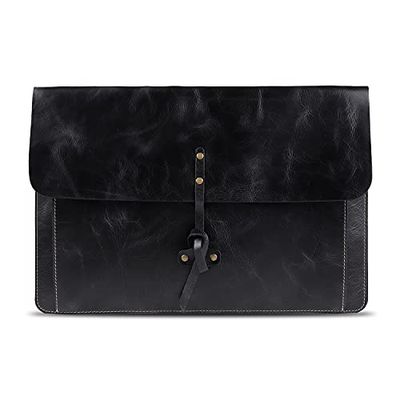 Londo Äkta kornigt läder MacBook Pro-fodral med framficka och klaffstängning (svart, 15–16 tum)