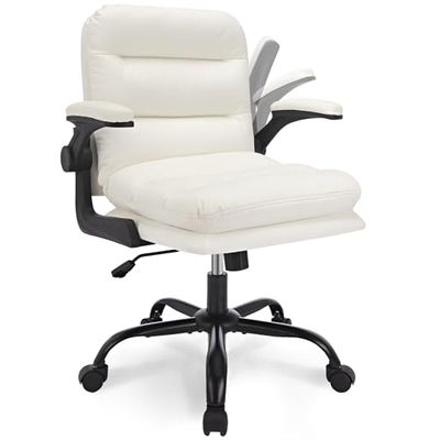 VECELO Bureaustoel van leer, ergonomisch, met brede gevoerde zitting, armleuningen, stille wielen, kaptafel, 360 graden in hoogte verstelbaar, voor thuisstoel, wit, kan 120 kg dragen