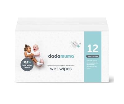 Dadamuma - 99.9% Pure Water Baby Wipes (12 x 60 Wipes), Gentle with Newborn Skin, Natural Ingredients, Allergy UK Approved, Plastic-Free, Biodegradable, Eco-Friendly