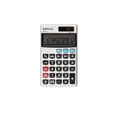 MAUL Calculadora M112, Pantalla Grande, 12 dígitos, Porcentaje y factura de impuestos, calculadora de Negocios, Frente de Aluminio, Solar/batería, Plata